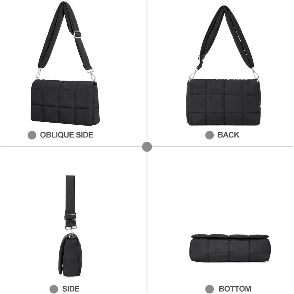 Women's Black Lightweight Cotton Padded Imported Puffer Shoulder Bag - Picture 7 of 7